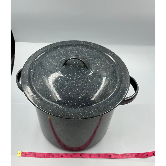 Vintage EnamelWare Black Speckled White Medium Stock Soup Pot W Lid - Picture 6 of 10